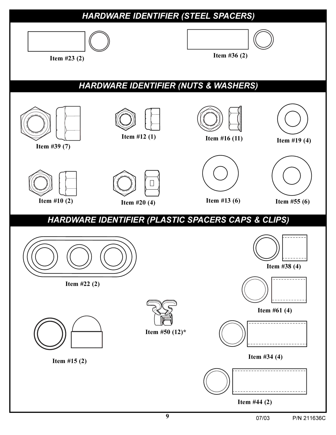 Huffy VP8100 manual Hardware Identifier Steel Spacers 