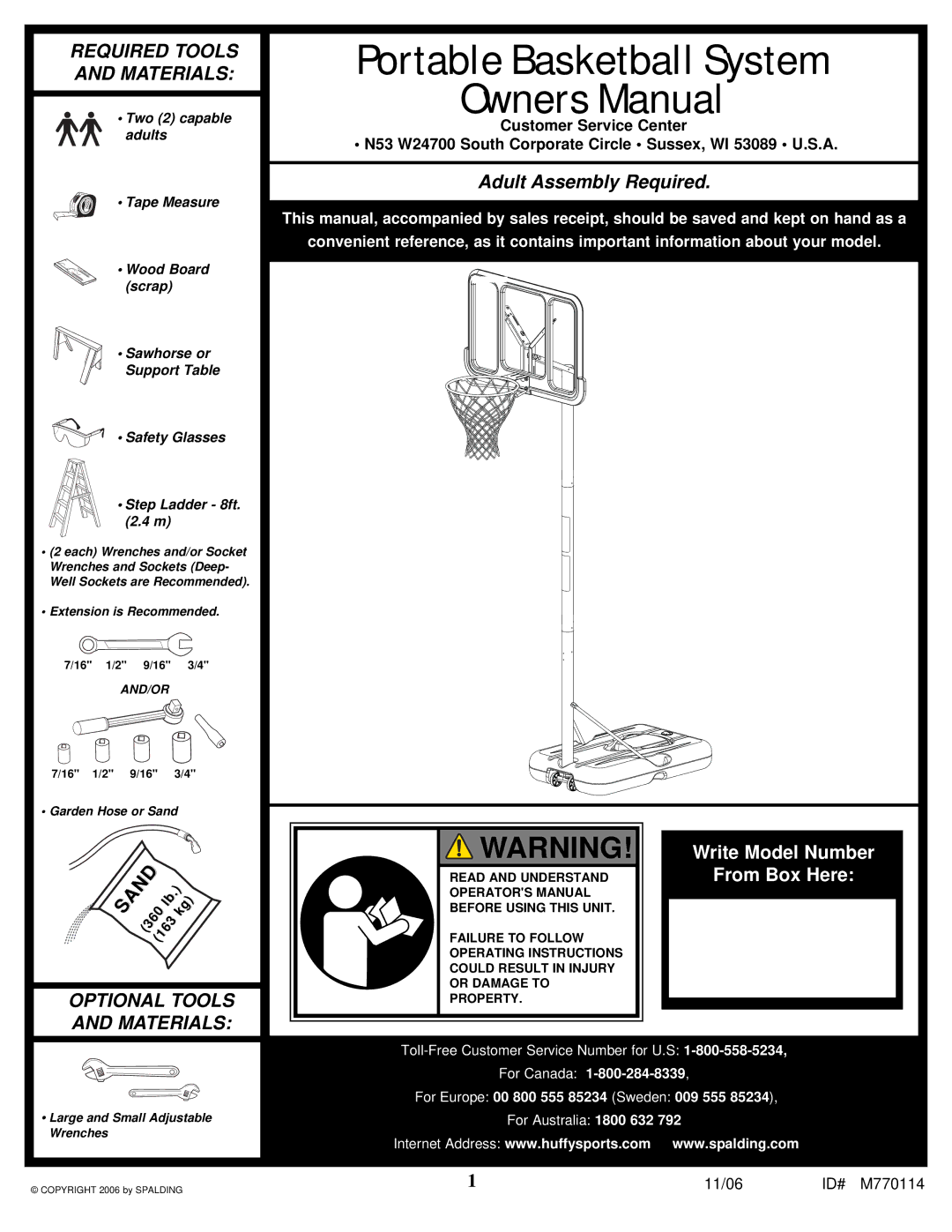 Huffy WM2688H manual Portable Basketball System 