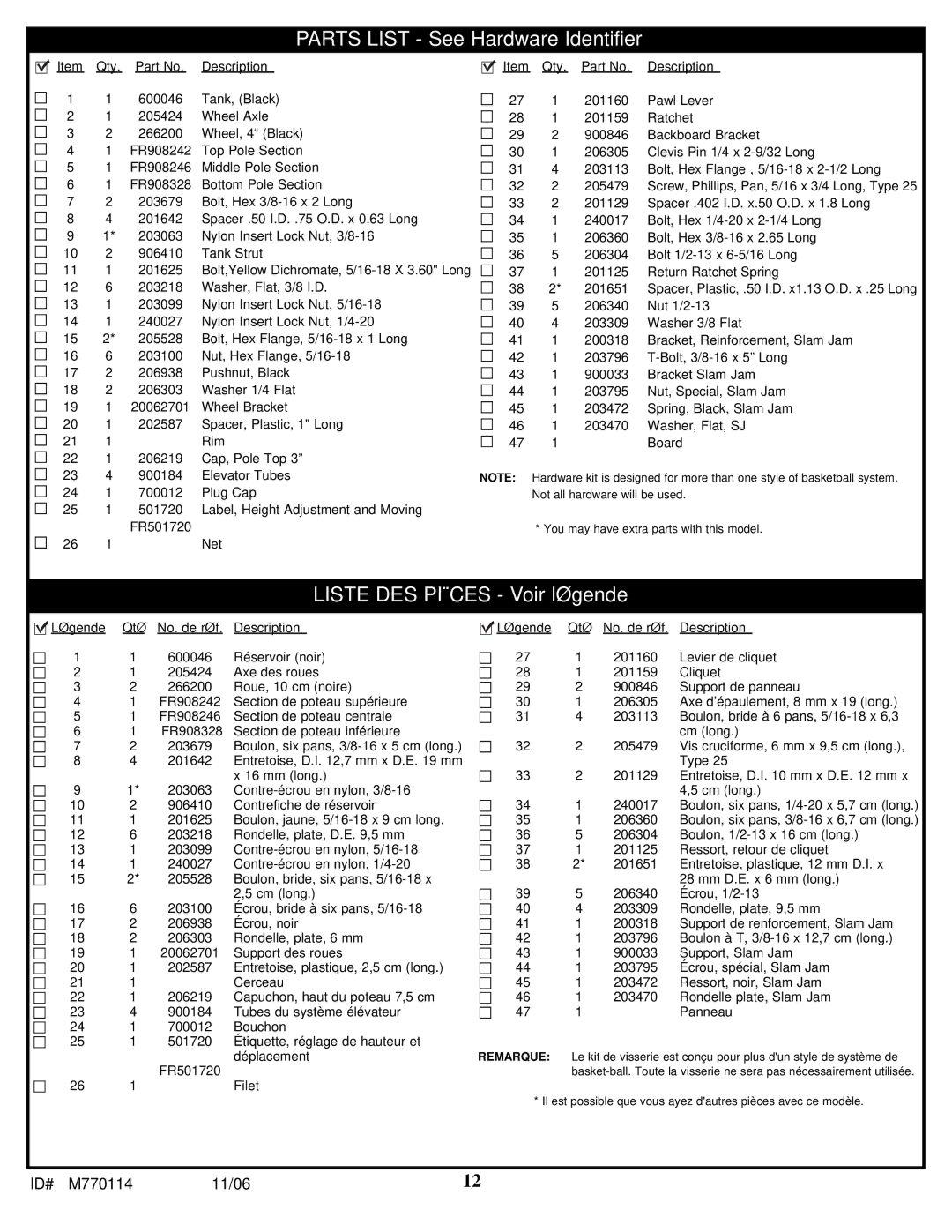 Huffy WM2688H manual Parts List See Hardware Identifier 