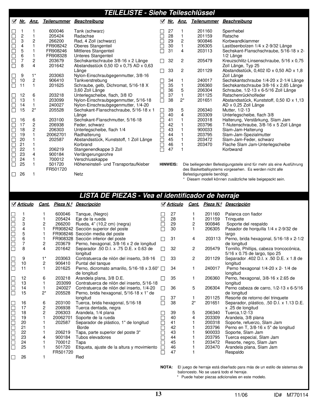 Huffy WM2688H manual Teileliste Siehe Teileschlüssel 