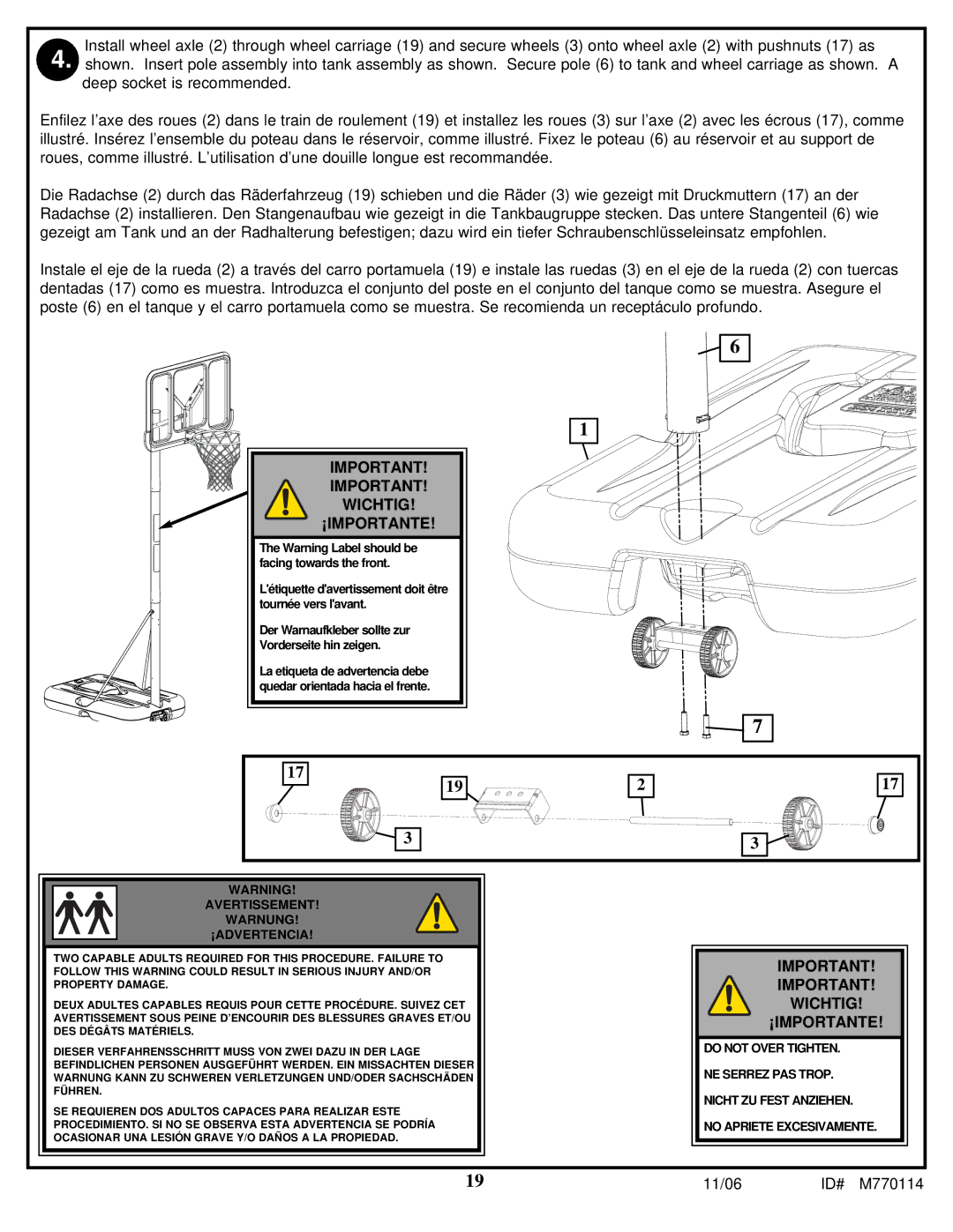 Huffy WM2688H manual Wichtig ¡IMPORTANTE, Avertissement Warnung ¡ADVERTENCIA 