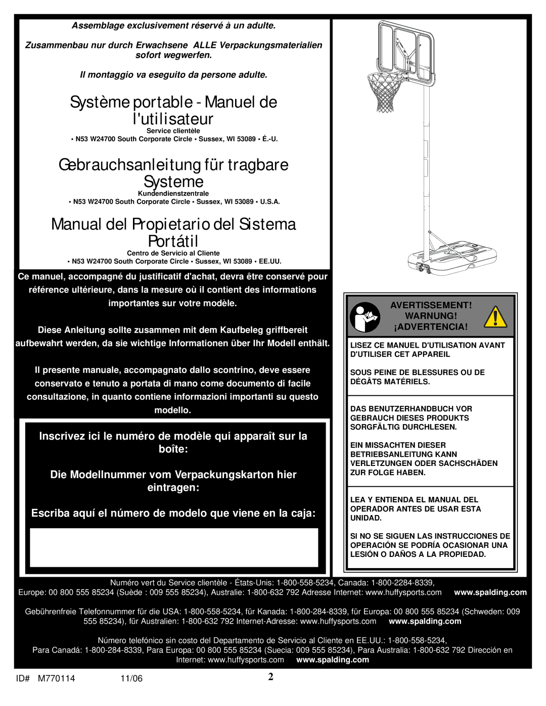 Huffy WM2688H manual Manual del Propietario del Sistema Portátil, Avertissement Warnung ¡ADVERTENCIA 