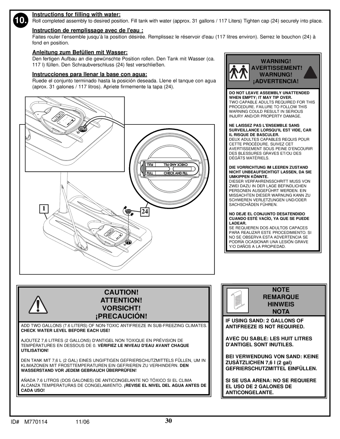 Huffy WM2688H manual Instructions for filling with water, Avertissement 