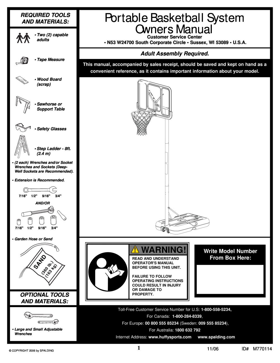 Huffy WM2688H manual Portable Basketball System Owners Manual, Required Tools And Materials, Adult Assembly Required 