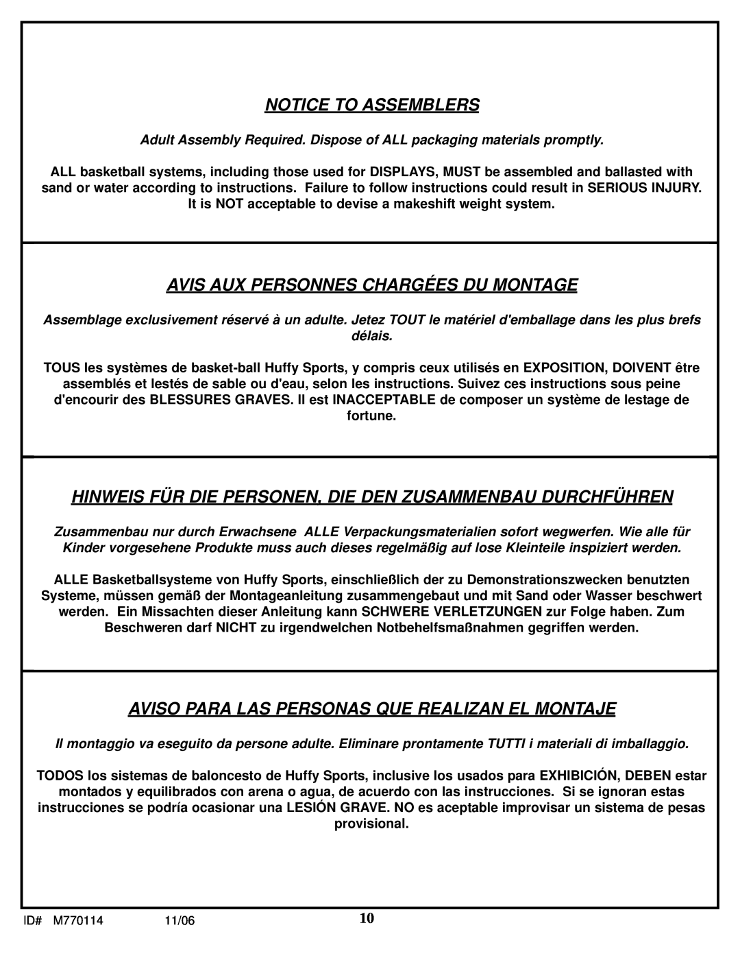 Huffy WM2688H manual Notice To Assemblers, Avis Aux Personnes Chargées Du Montage 