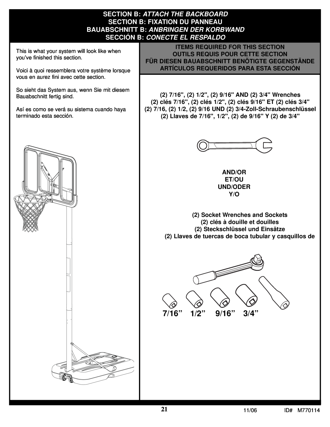 Huffy WM2688H manual 7/16” 1/2” 9/16” 3/4”, Section B Attach The Backboard, Section B Fixation Du Panneau 