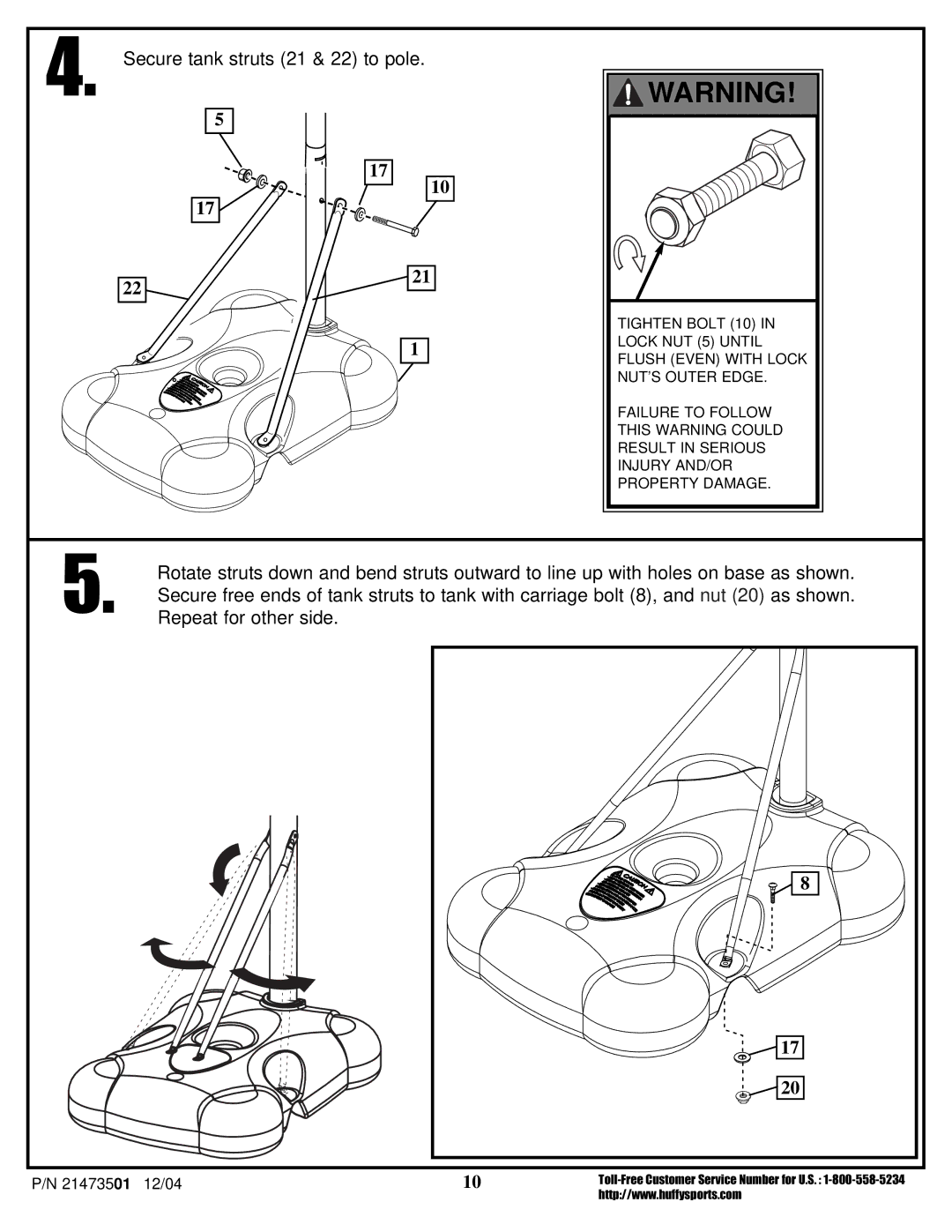 Huffy Youth Basketball System manual Secure tank struts 21 & 22 to pole, Repeat for other side 