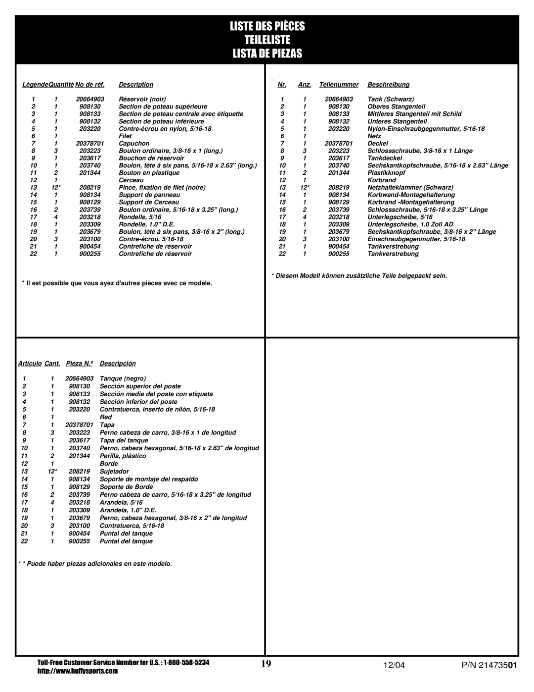 Huffy Youth Basketball System manual Liste DES Pièces Teileliste Lista DE Piezas 