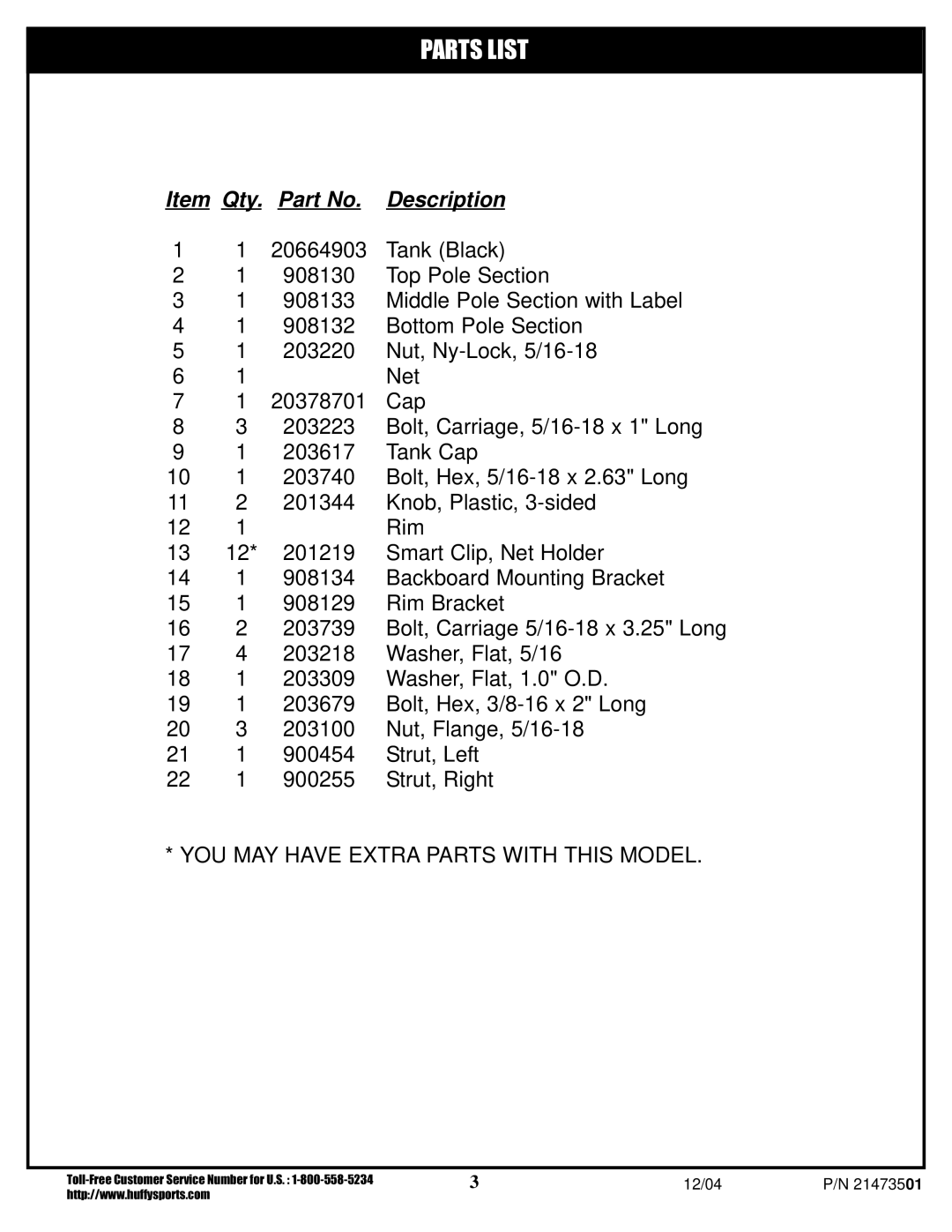 Huffy Youth Basketball System manual Parts List 