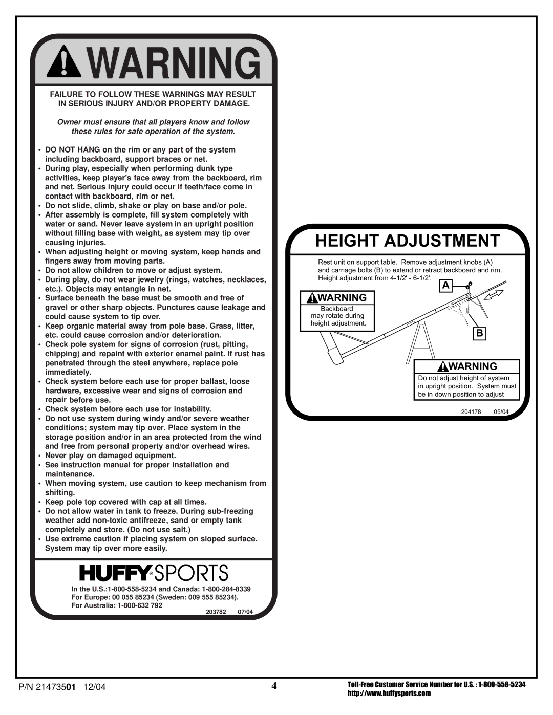 Huffy Youth Basketball System manual Height Adjustment 