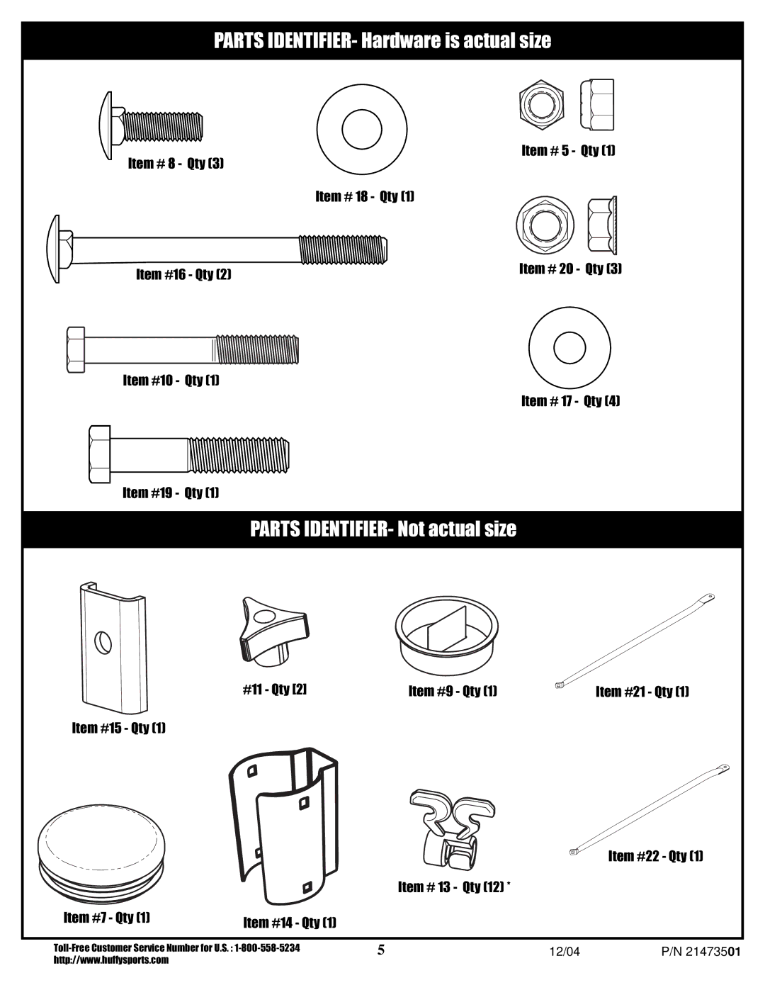 Huffy Youth Basketball System manual Parts IDENTIFIER- Hardware is actual size 