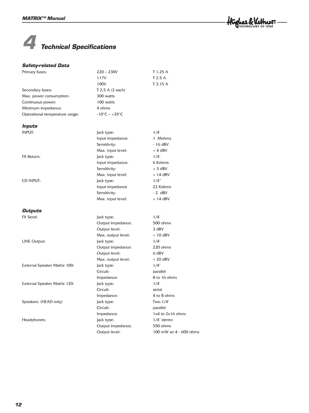 Hughes & Kettner 100 Combo, 100 Head, 120 Combo manual Technical Speciﬁcations, Safety-related Data, Inputs, Outputs 