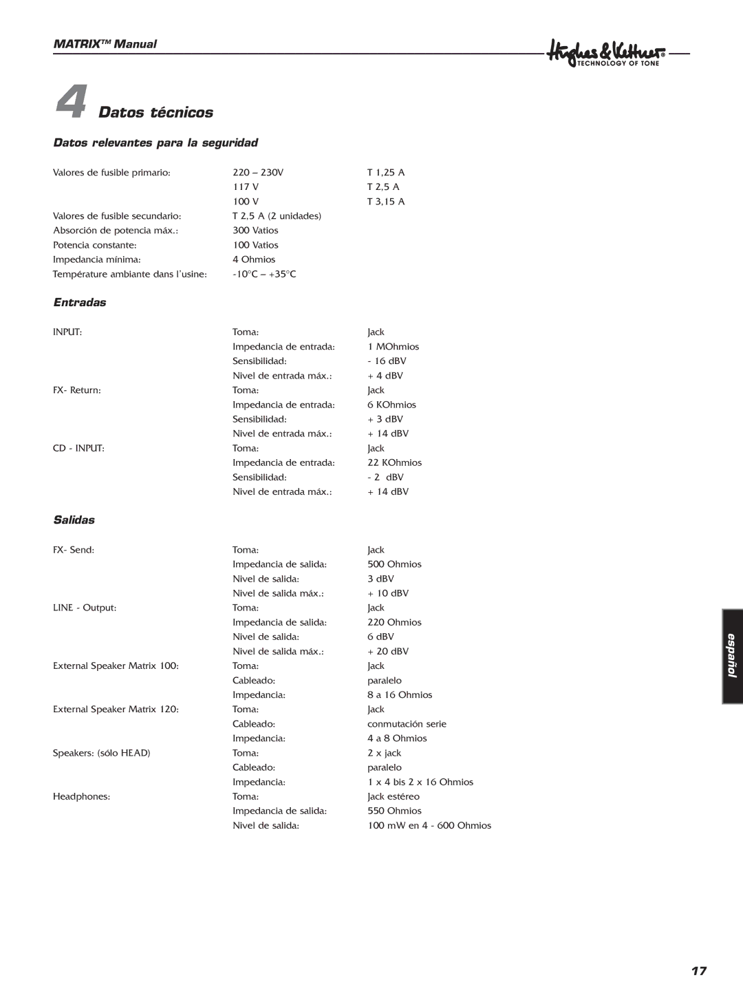 Hughes & Kettner 120 Combo, 100 Combo, 100 Head manual Datos técnicos, Datos relevantes para la seguridad, Entradas, Salidas 