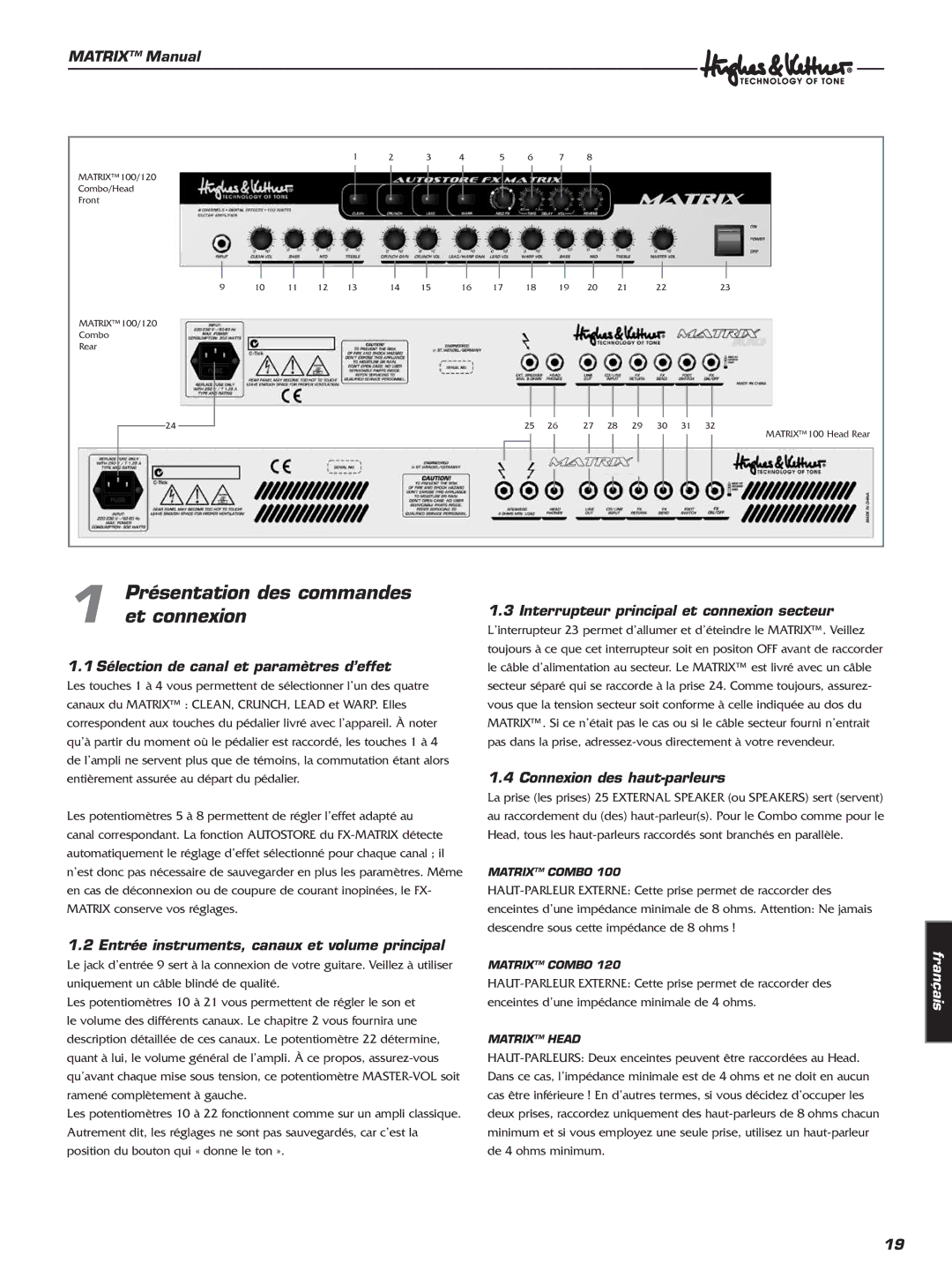 Hughes & Kettner 100 Head, 100 Combo Présentation des commandes et connexion, Sélection de canal et paramètres d’effet 