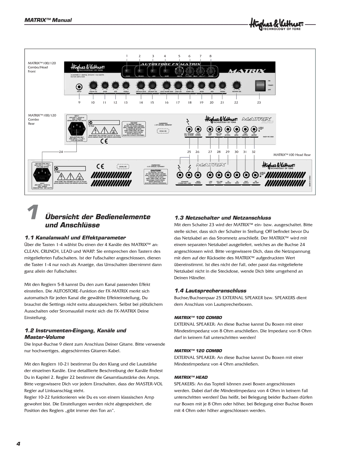 Hughes & Kettner 100 Head, 100 Combo manual Übersicht der Bedienelemente und Anschlüsse, Kanalanwahl und Effektparameter 