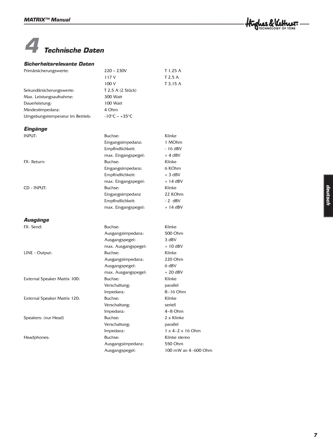 Hughes & Kettner 100 Head, 100 Combo, 120 Combo manual Technische Daten, Sicherheitsrelevante Daten, Eingänge, Ausgänge 