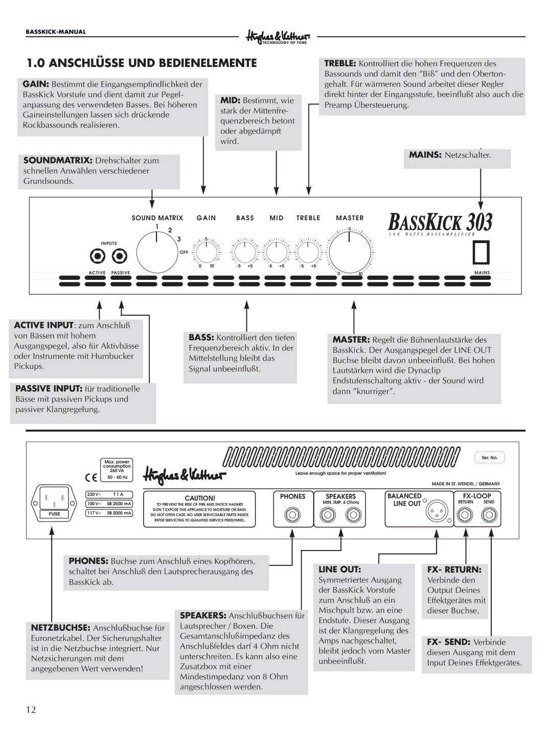 Hughes & Kettner 303 manual Anschlüsse UND Bedienelemente, Line OUT 