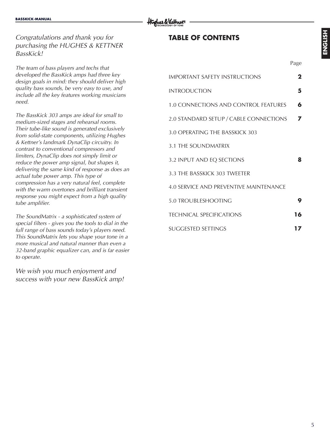 Hughes & Kettner 303 manual Table of Contents 