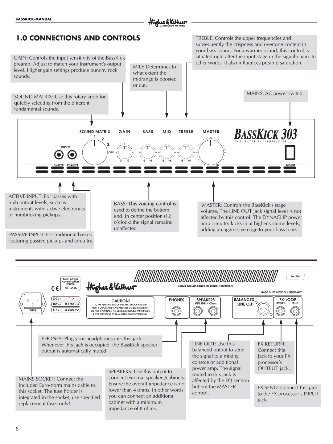 Hughes & Kettner 303 manual Connections and Controls, Line OUT 