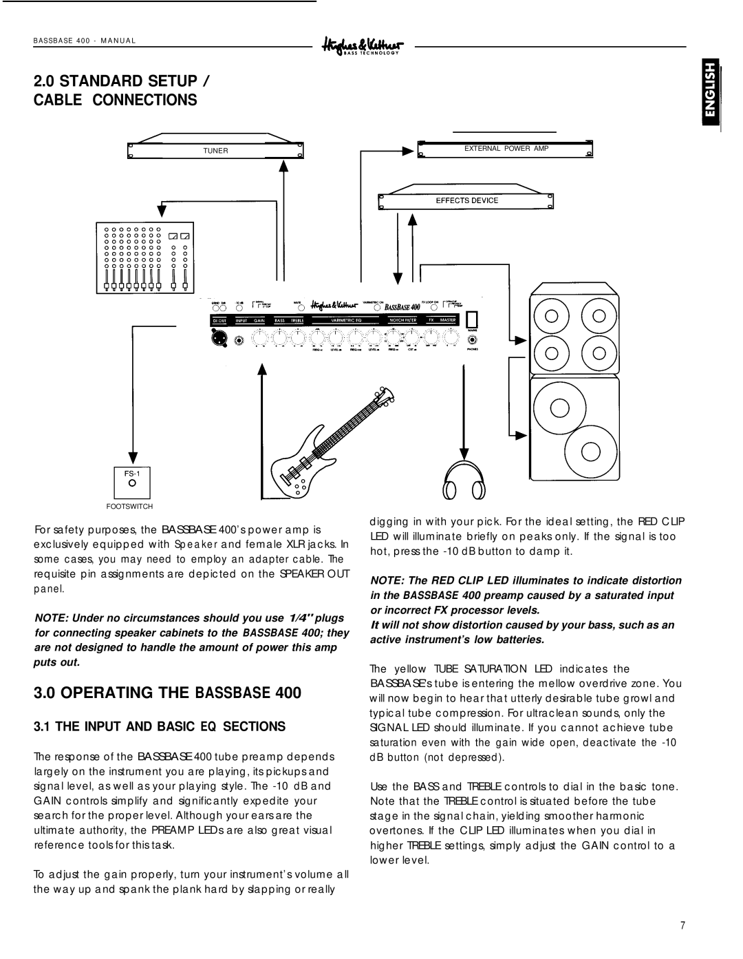 Hughes & Kettner 400 manual Standard Setup / Cable Connections, Operating the Bassbase 