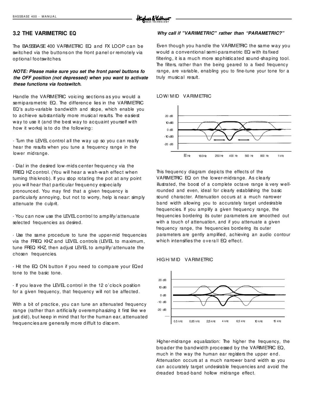 Hughes & Kettner 400 manual LOW/MID Varimetric, HIGH/MID Varimetric 