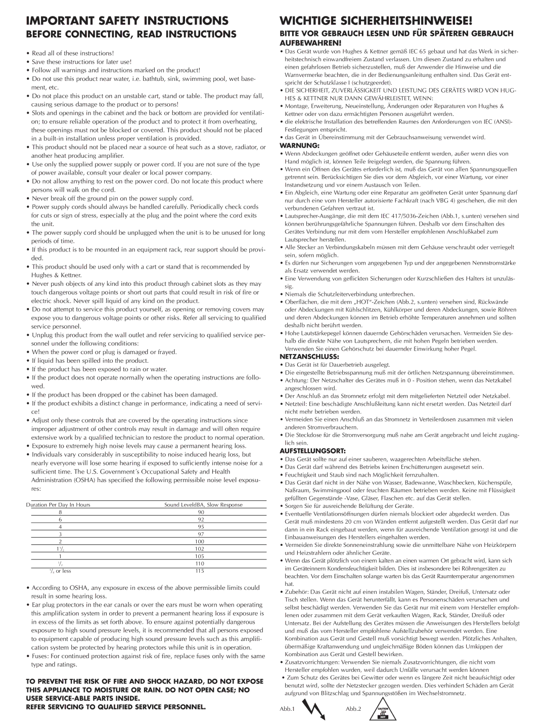 Hughes & Kettner ATTAX 100 manual Important Safety Instructions, Wichtige Sicherheitshinweise 