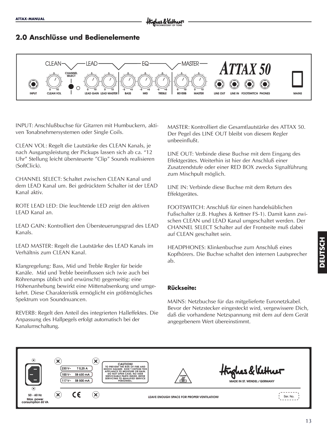 Hughes & Kettner ATTAX 50 manual Anschlüsse und Bedienelemente 