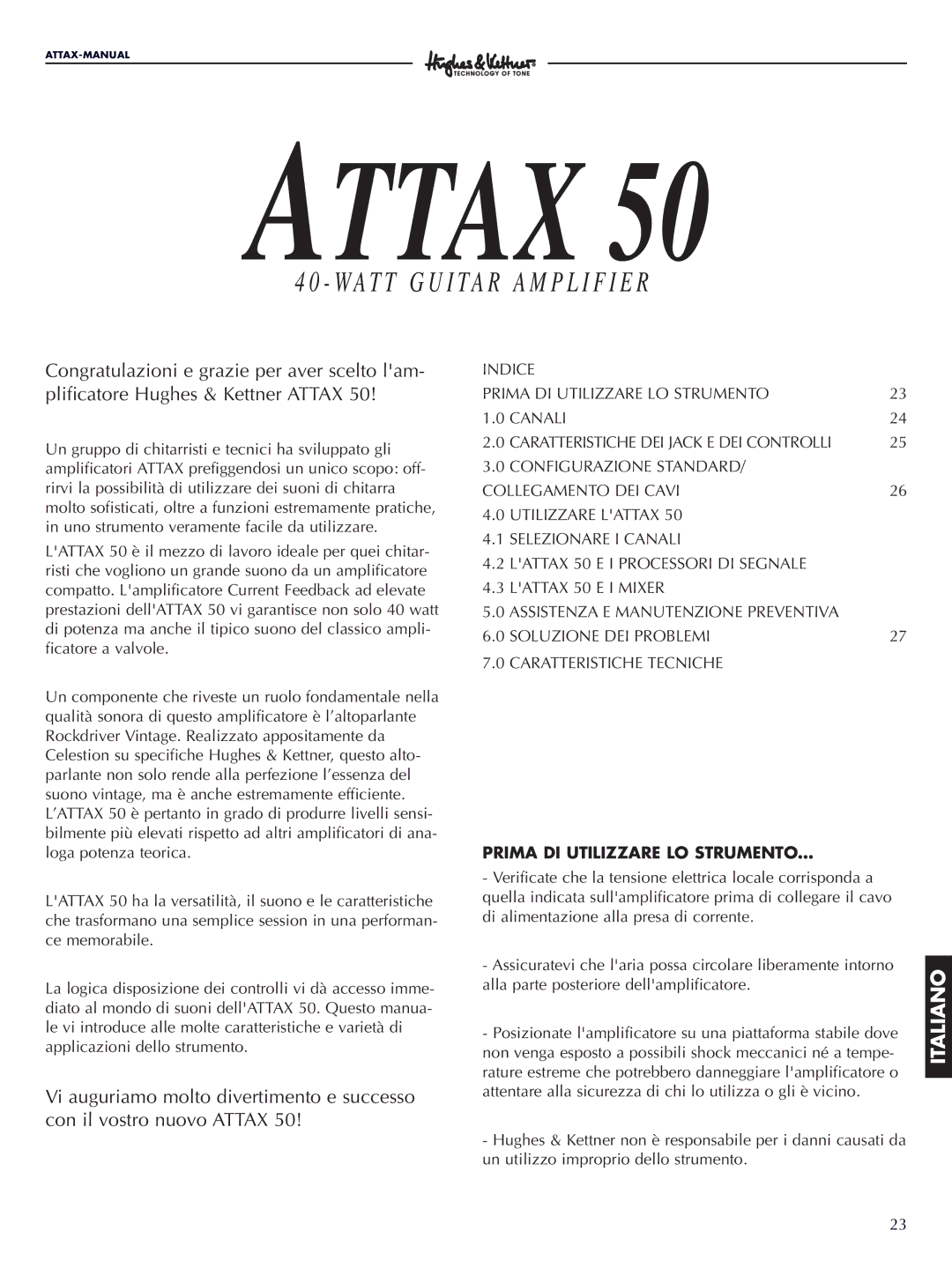 Hughes & Kettner ATTAX 50 manual Prima DI Utilizzare LO STRUMENTO… 