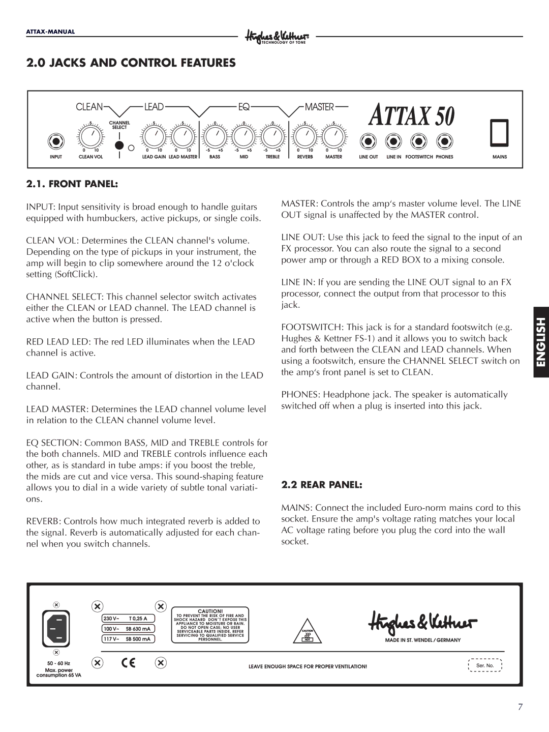 Hughes & Kettner ATTAX 50 manual Jacks and Control Features, Front Panel, Rear Panel 