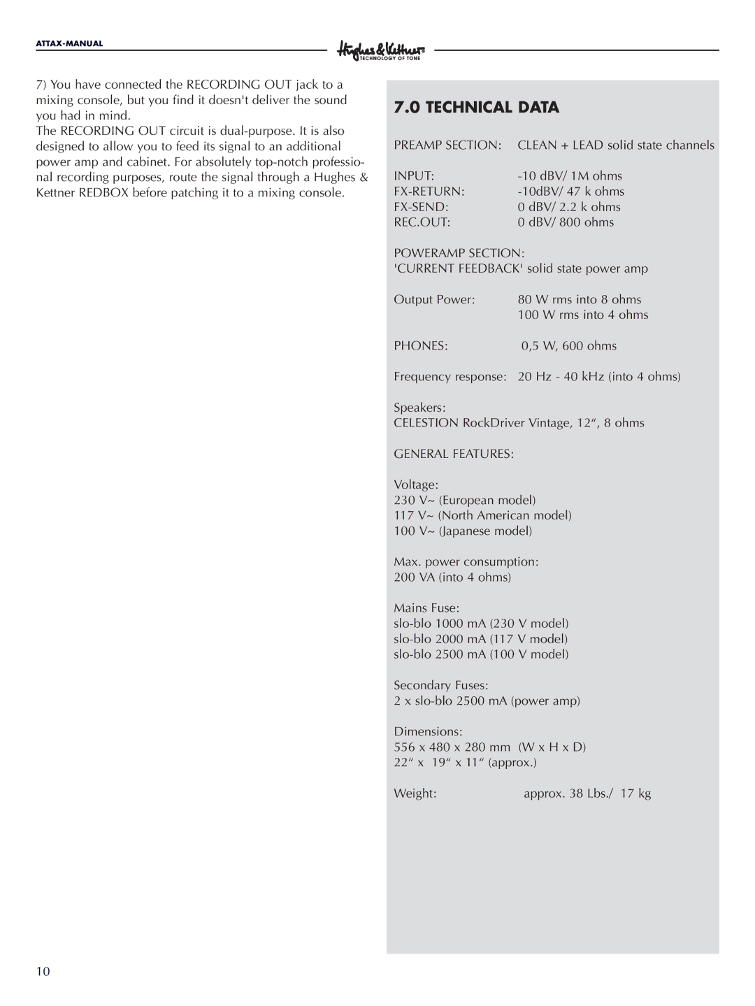 Hughes & Kettner Attax 80 manual Technical Data, Phones 