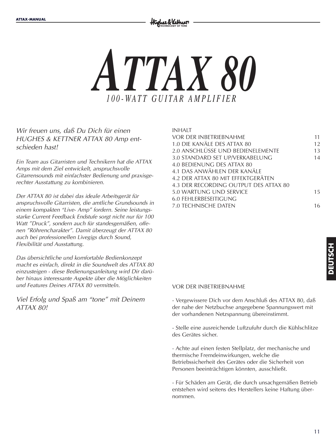 Hughes & Kettner Attax 80 manual Viel Erfolg und Spaß am tone mit Deinem Attax 