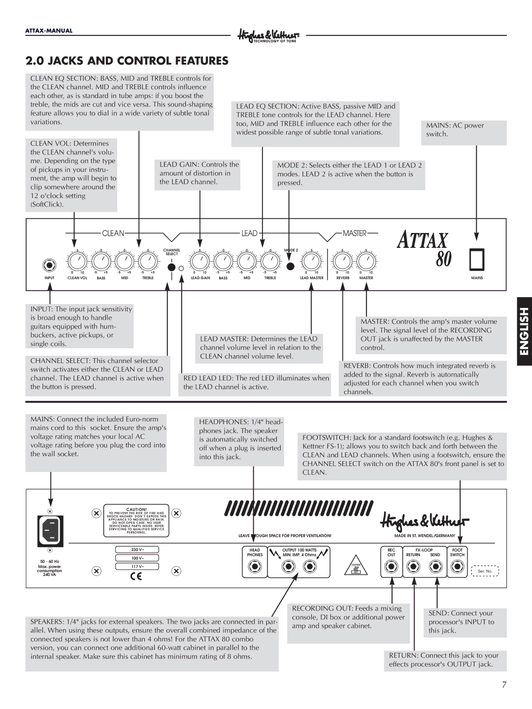 Hughes & Kettner Attax 80 manual Jacks and Control Features, Clean 