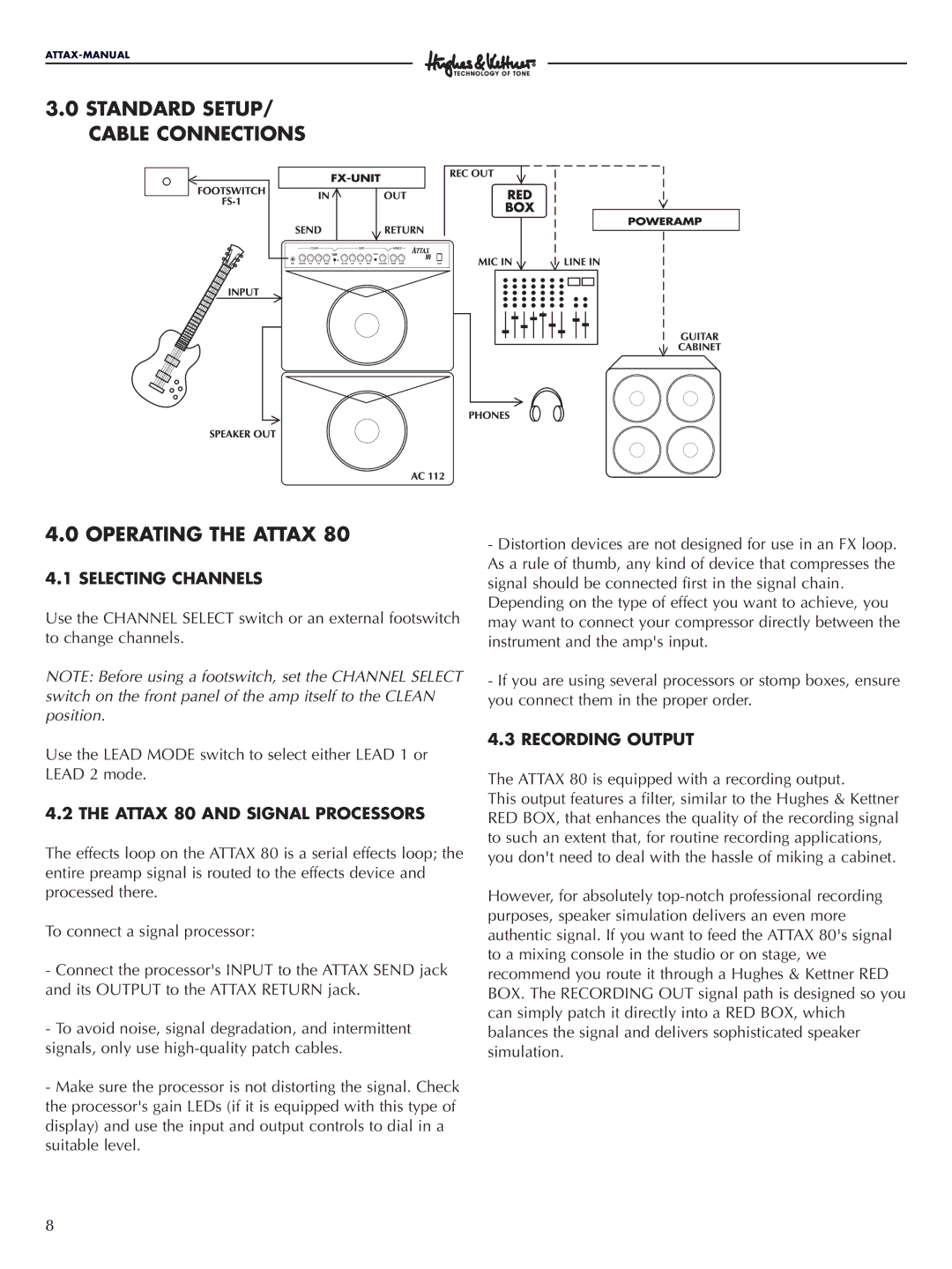 Hughes & Kettner Attax 80 Standard SETUP/ Cable Connections Operating the Attax, Selecting Channels, Recording Output 