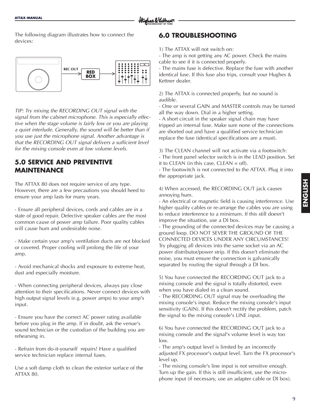 Hughes & Kettner Attax 80 manual Service and Preventive Maintenance, Troubleshooting 