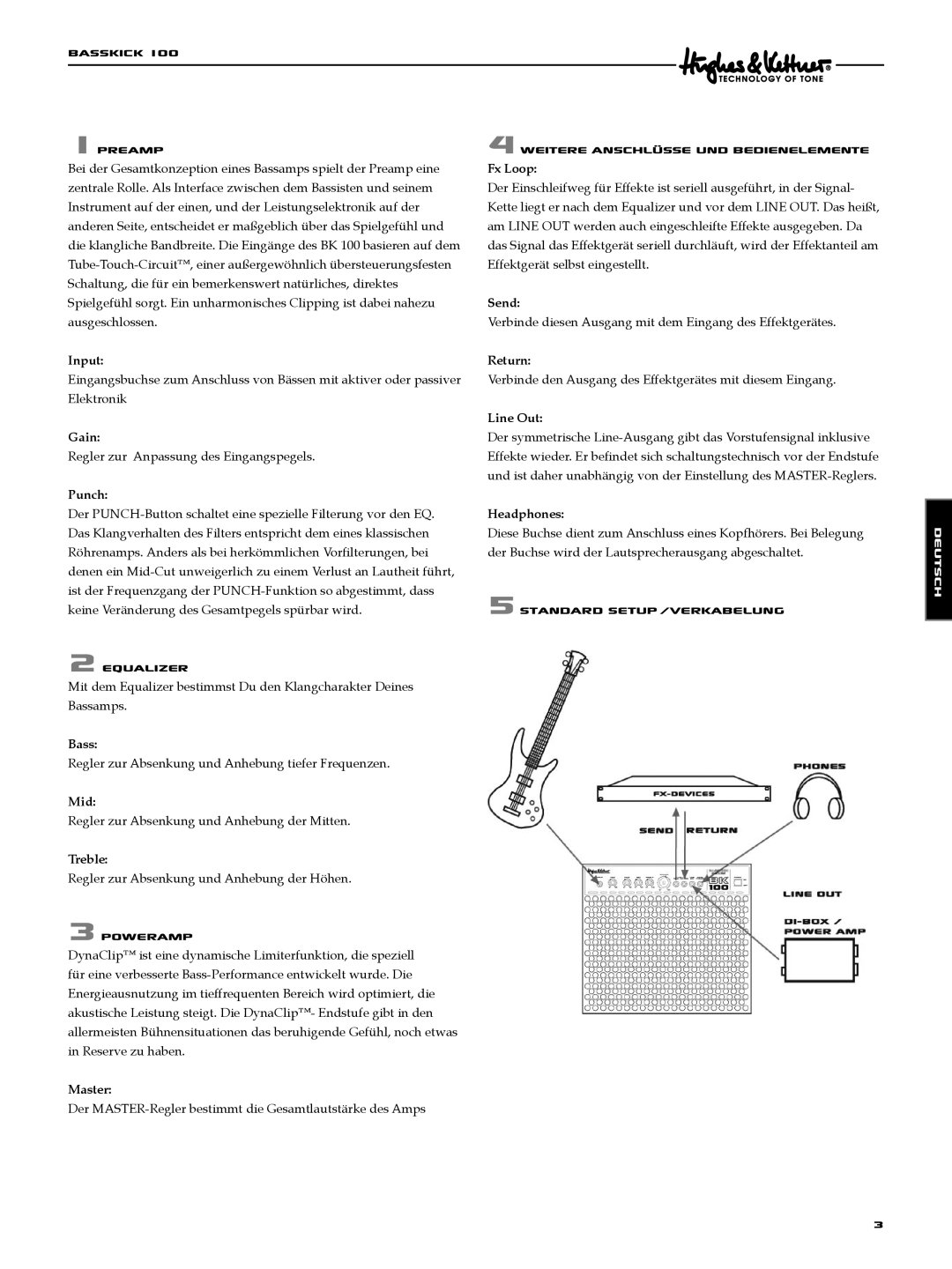 Hughes & Kettner Bass Kick 100 manual BassKick 1Preamp, Equalizer, Poweramp, 5Standard Setup /Verkabelung 