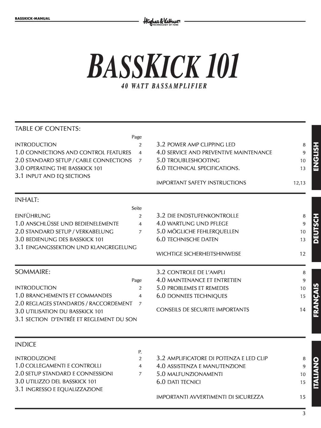Hughes & Kettner Bass Kick 101 manual English, Deutsch Français Italiano, Basskick, 4 0 WA T T B A S S A M P L I F I E R 