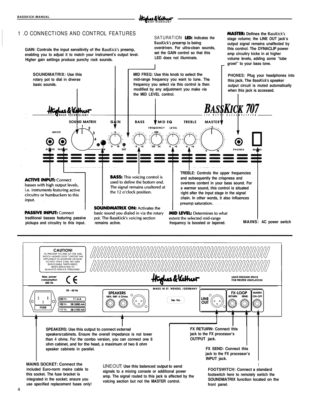 Hughes & Kettner Bass Kick 505, Bass Kick 515, Bass Kick 707 manual Connections and Control Features, MID Level control 