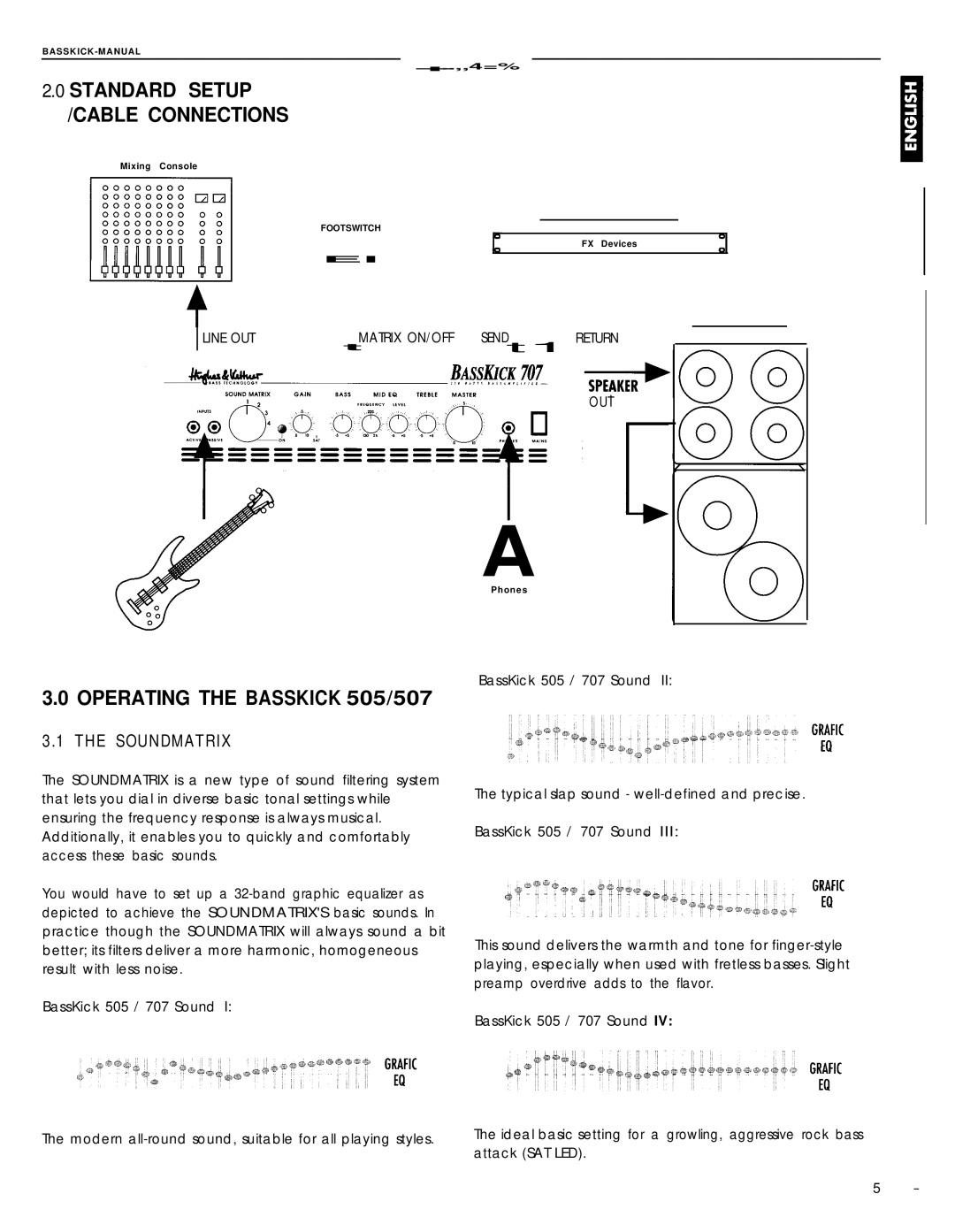 Hughes & Kettner Bass Kick 515, Bass Kick 707, Bass Kick 505 manual Standard Setup /CABLE Connections, Soundmatrix 