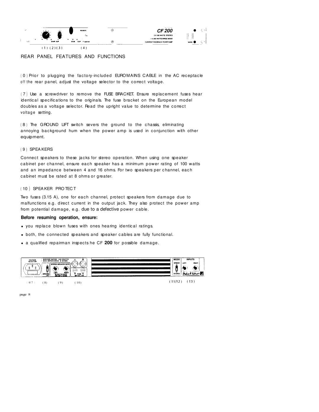 Hughes & Kettner CF 200 manual Rear Panel Features and Functions 