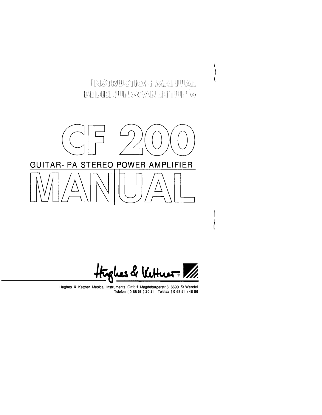 Hughes & Kettner CF 200 manual Guitar- Pa Stereo Power Amplifier 