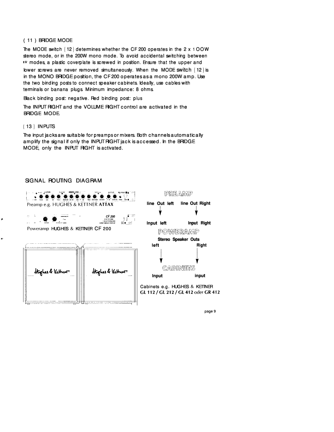 Hughes & Kettner CF 200 manual I i1 GA~U~~Eru’, Signal Routing Diagram, Bridge Mode, Inputs 