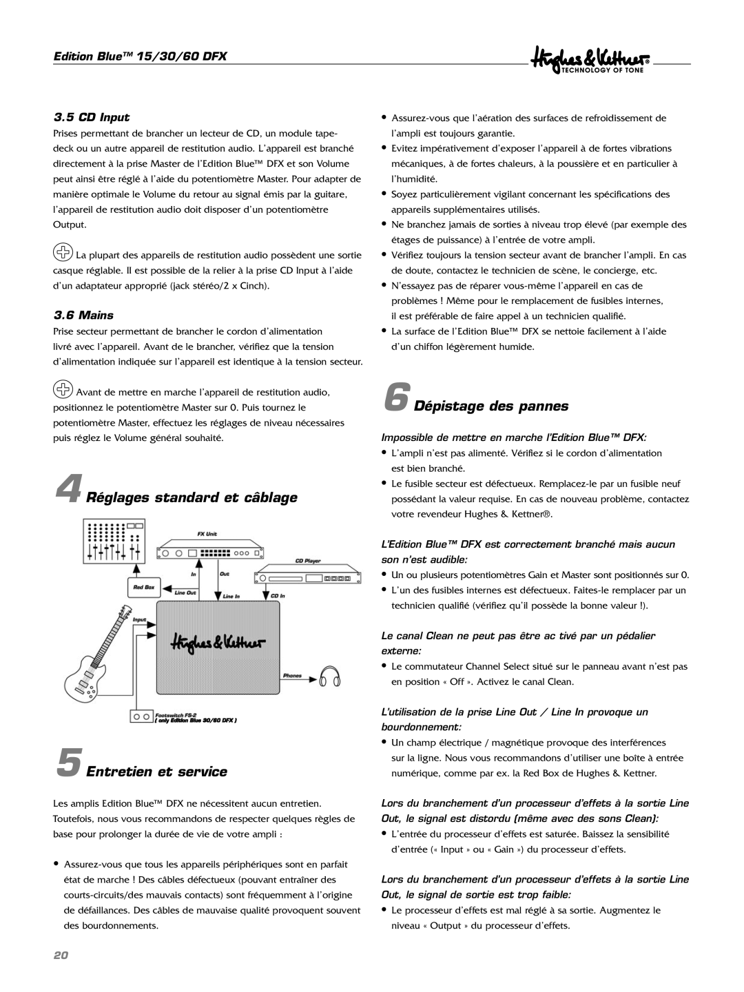 Hughes & Kettner DFX manual Réglages standard et câblage Entretien et service, Dépistage des pannes 