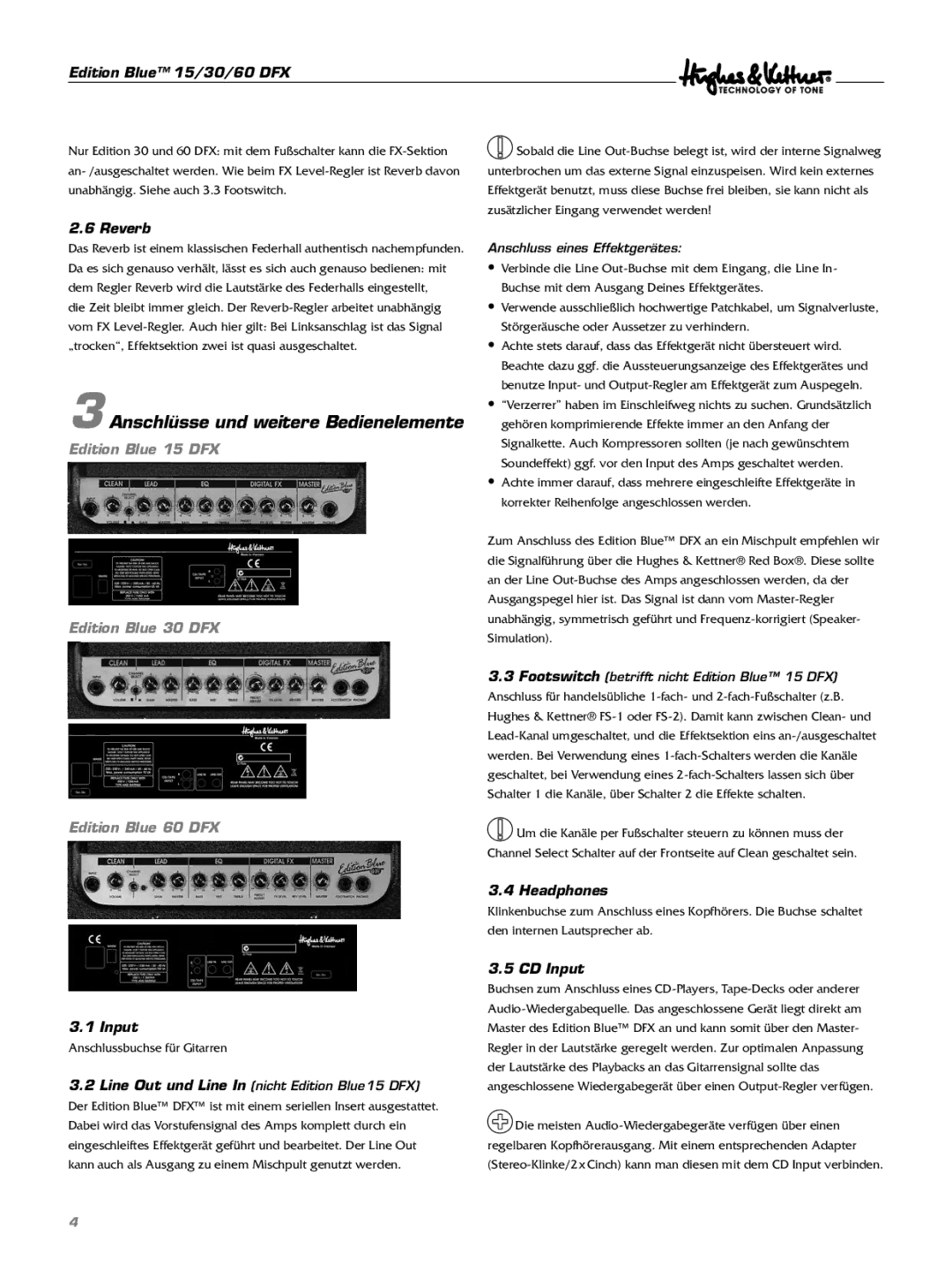 Hughes & Kettner DFX manual Anschlüsse und weitere Bedienelemente, Reverb, Headphones, CD Input 