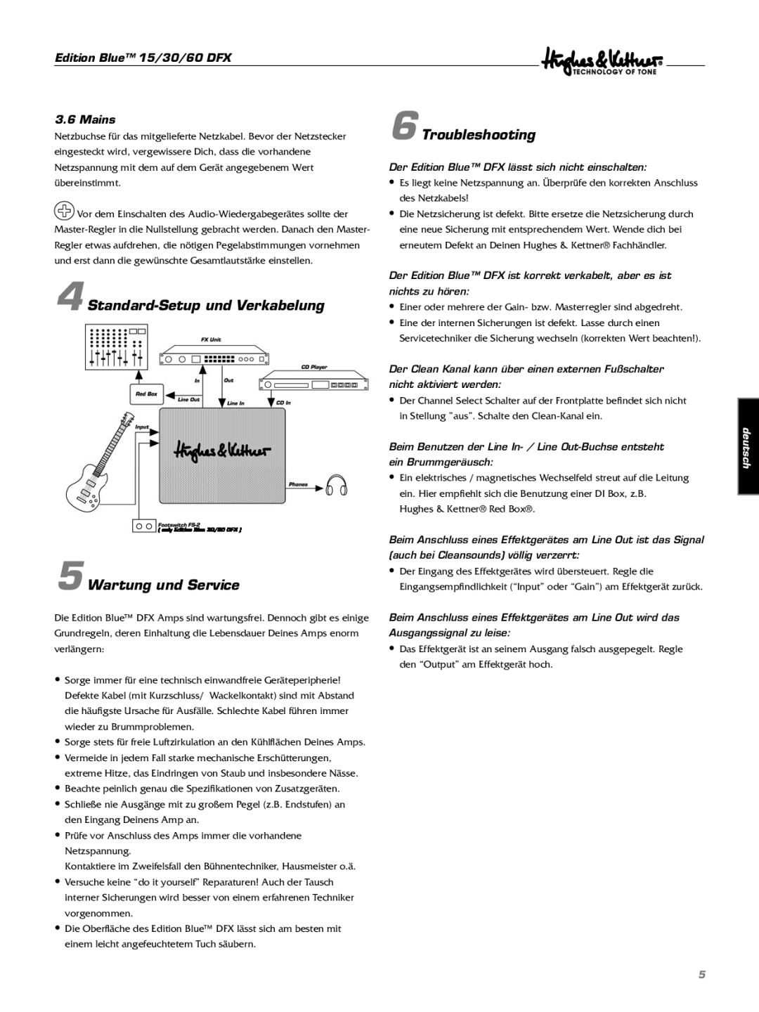 Hughes & Kettner Troubleshooting, Standard-Setup und Verkabelung Wartung und Service, Edition Blue 15/30/60 DFX Mains 