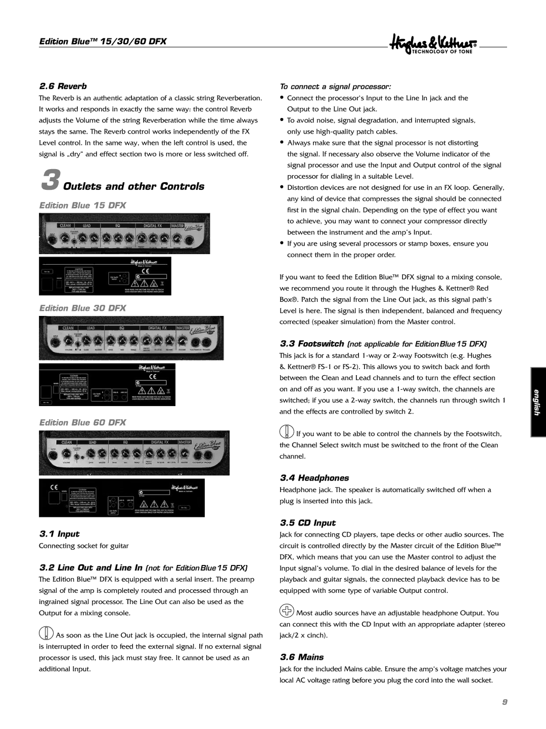 Hughes & Kettner manual Outlets and other Controls, Edition Blue 15/30/60 DFX Reverb, To connect a signal processor 