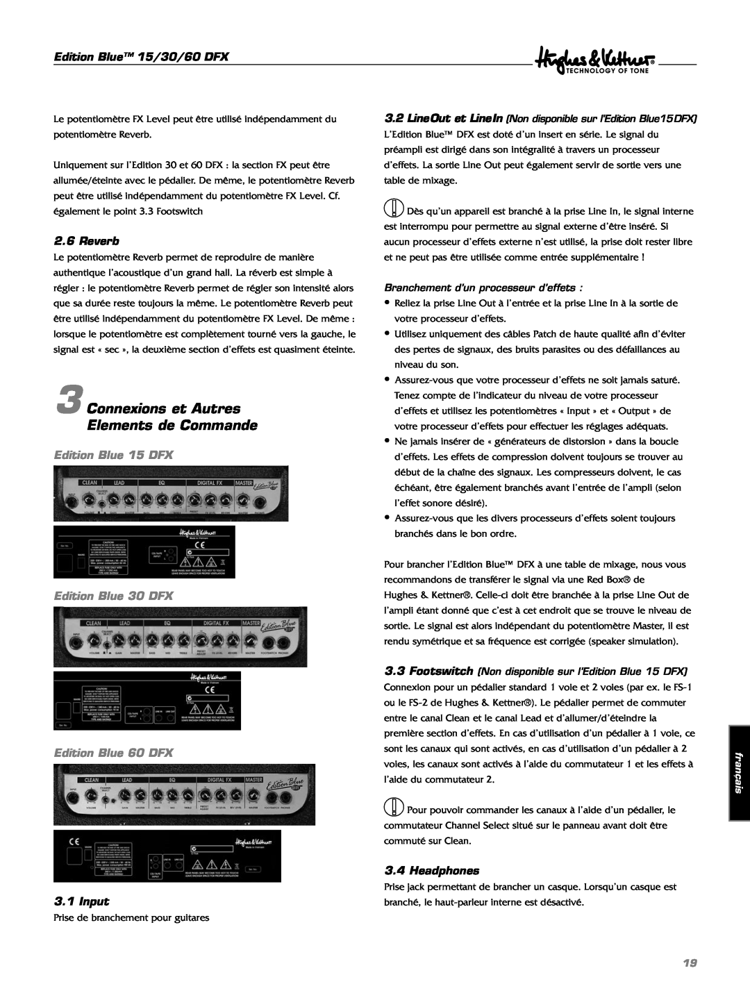 Hughes & Kettner manual Connexions et Autres Elements de Commande, Edition Blue 15 DFX Edition Blue 30 DFX, français 