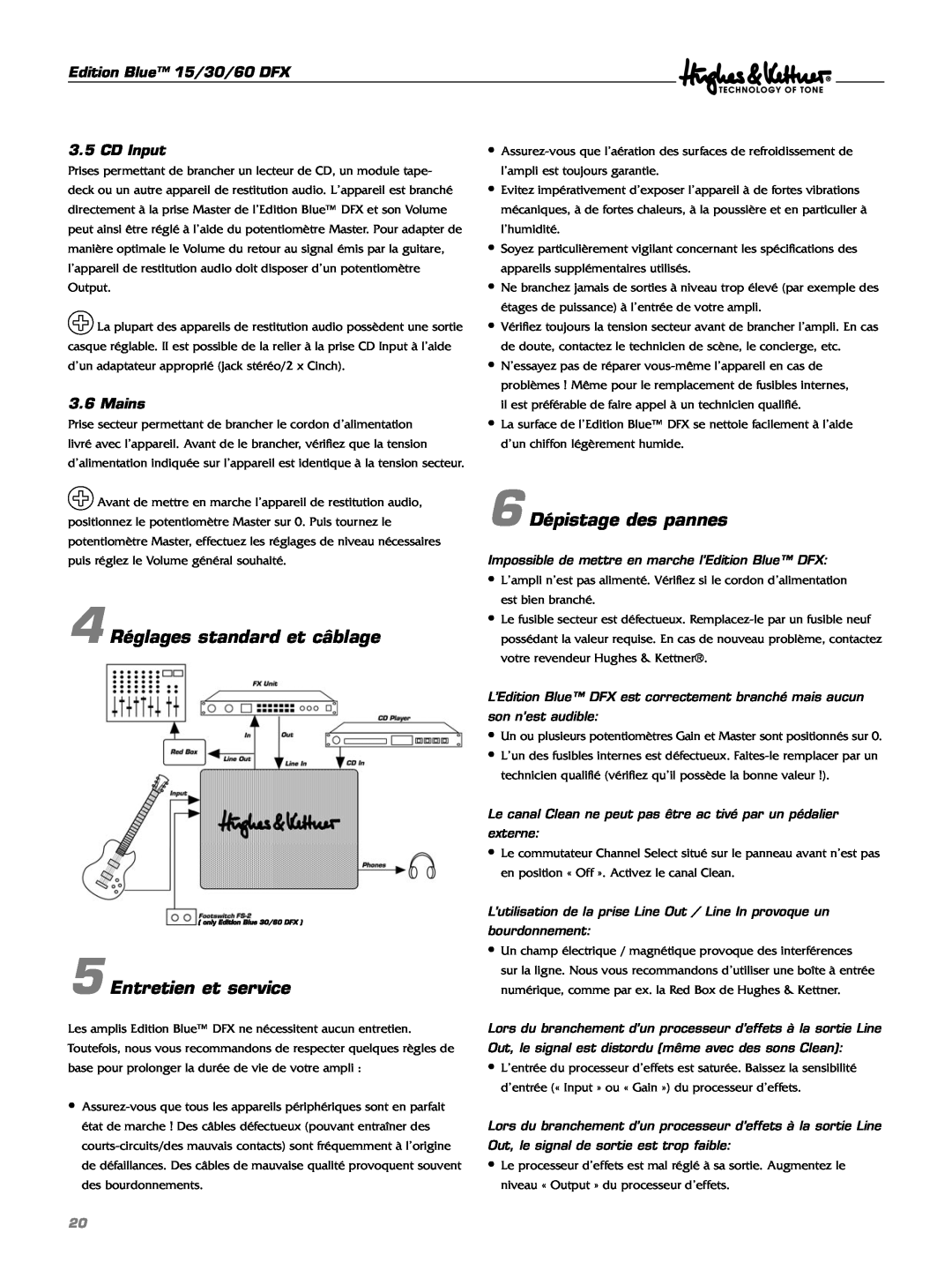 Hughes & Kettner DFX manual 4 Réglages standard et câblage, Entretien et service, 6 Dépistage des pannes 