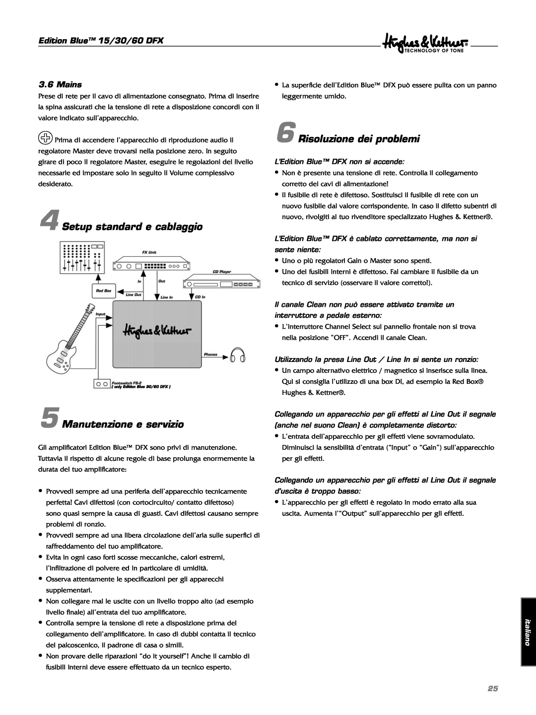 Hughes & Kettner DFX manual Risoluzione dei problemi, Setup standard e cablaggio, Manutenzione e servizio, italiano 
