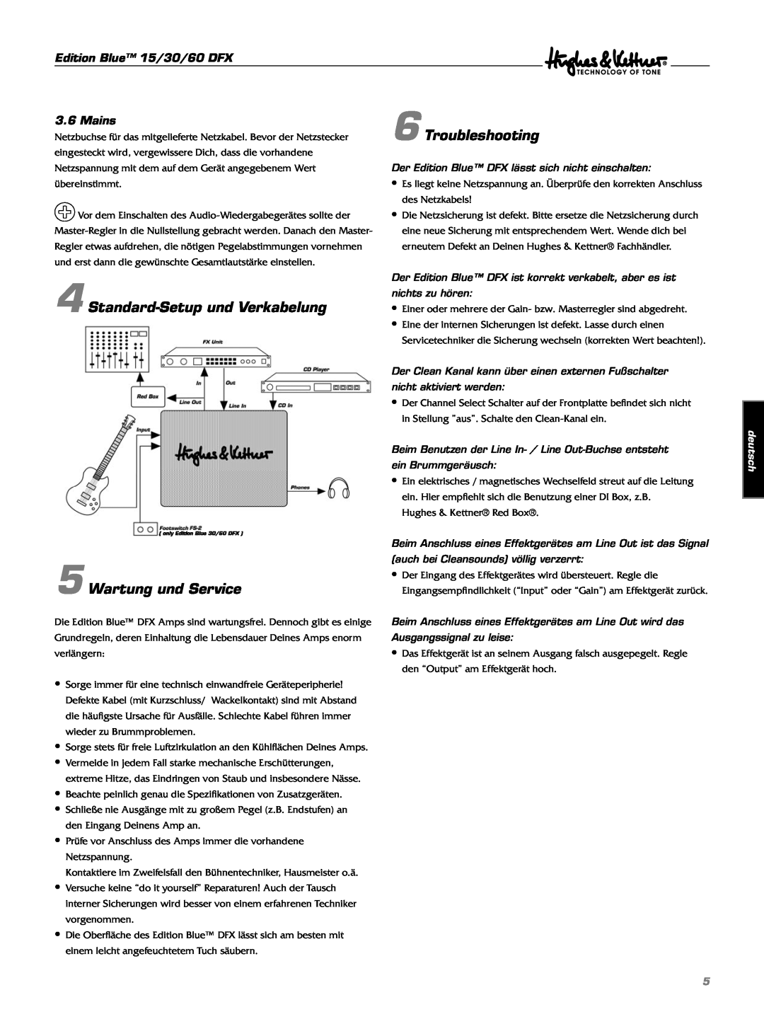 Hughes & Kettner 6Troubleshooting, Standard-Setupund Verkabelung, Wartung und Service, Edition Blue 15/30/60 DFX, Mains 