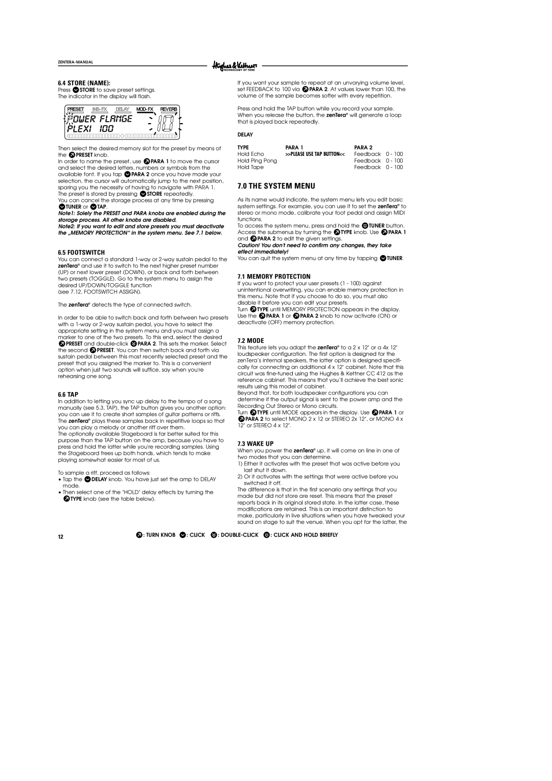 Hughes & Kettner DSM manual System Menu, Store Name, Footswitch, Memory Protection, Wake UP 